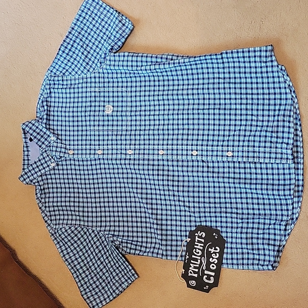 Chaps Dress Shirt Large Short Sleeve Blue White Plaid